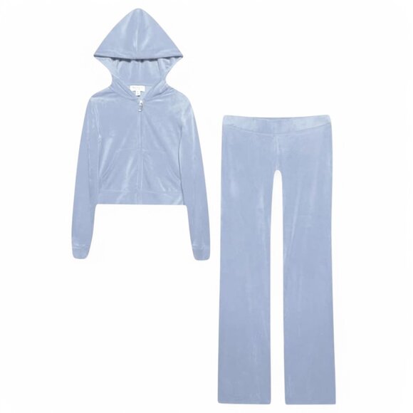 JUICY COUTURE BLING Velour 2 Piece TRACKSUIT Pants + Hoodie Set Frosted Blue NWT - Picture 12 of 16